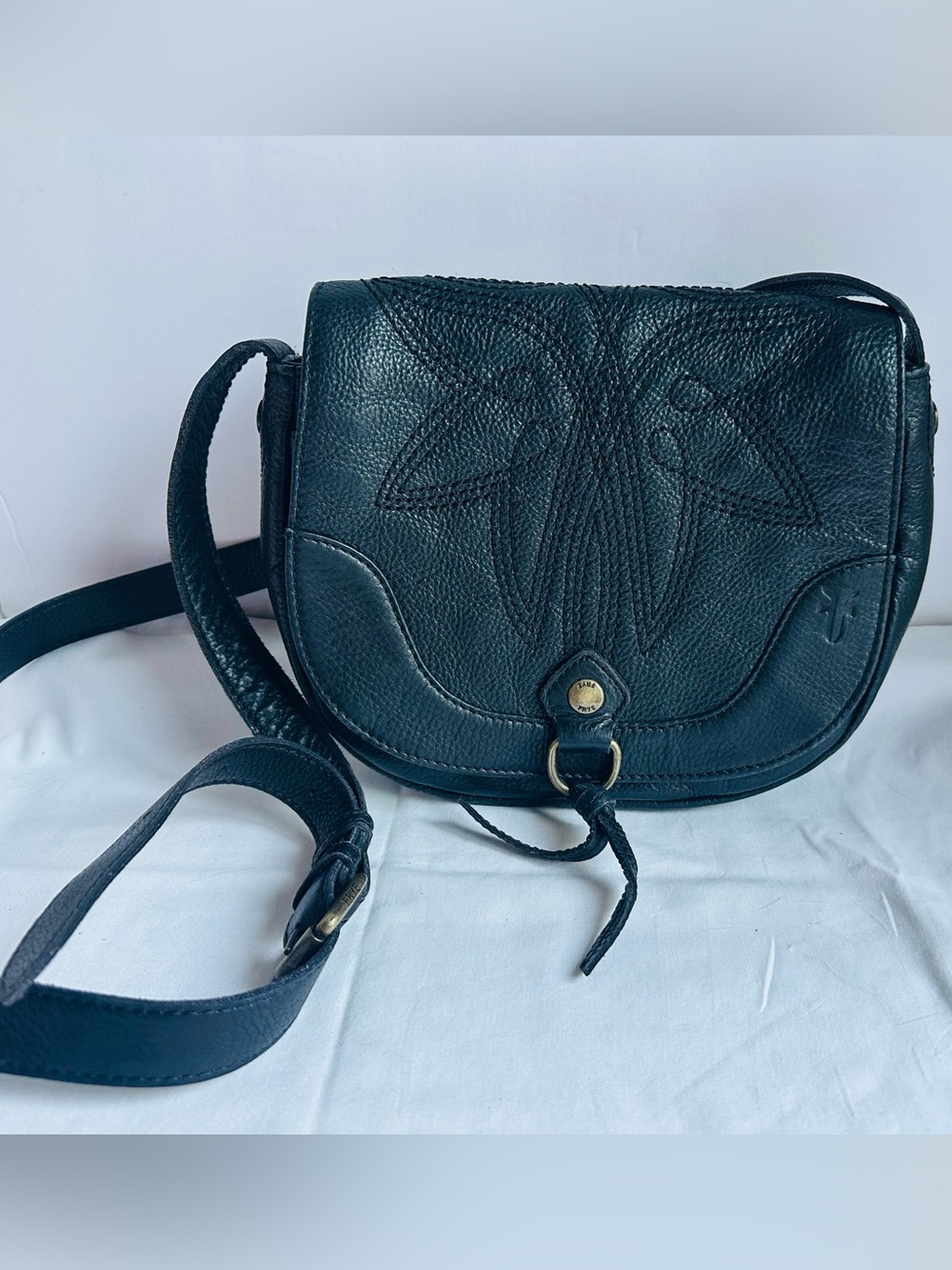 Frye Embroidered Charlene Black Leather Saddle Bag
